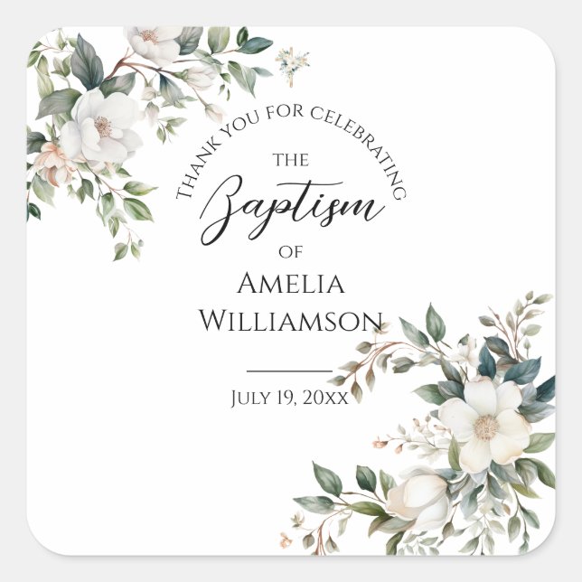 Sage Green Floral Baptism Square Sticker (Front)