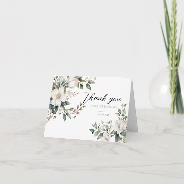 Sage Green Floral Baptism Thank You Card (Front)