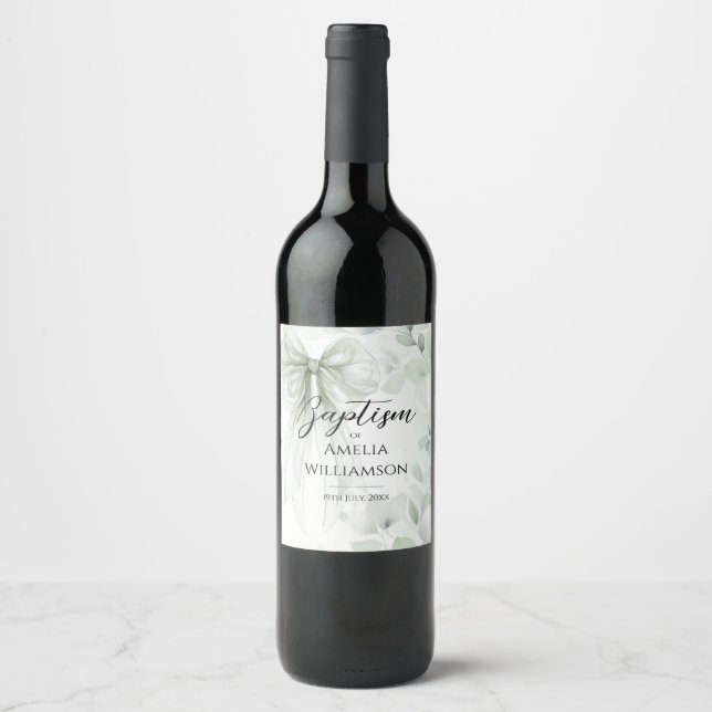 Sage Green Floral Baptism Wine Label (Front)