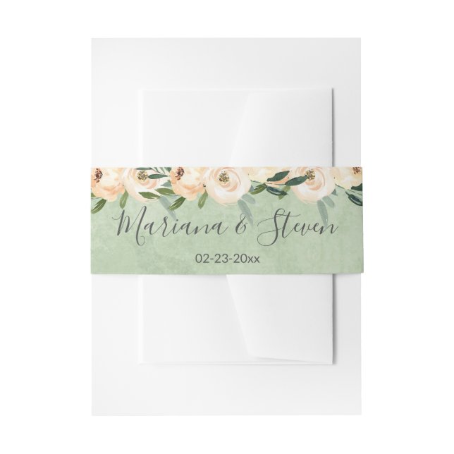 Sage Green Floral Beige Flowers Gold Wedding   Invitation Belly Band (Front Example)