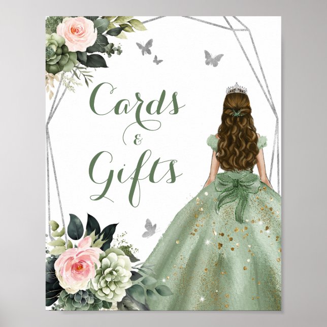 Sage Green Floral Blush Pink Girl XV Cards Gifts Poster (Front)