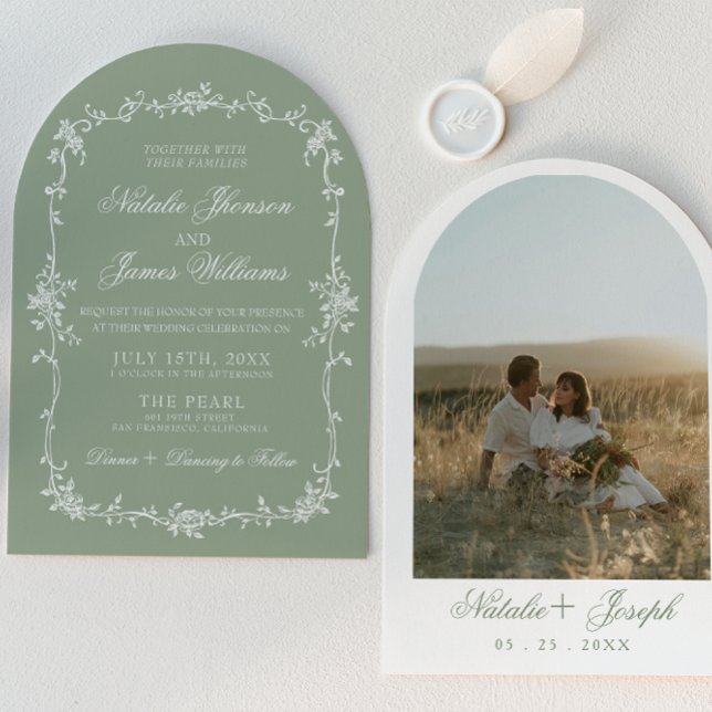Sage Green Floral Boho Botanical Arched Wedding Invitation (Creator Uploaded)