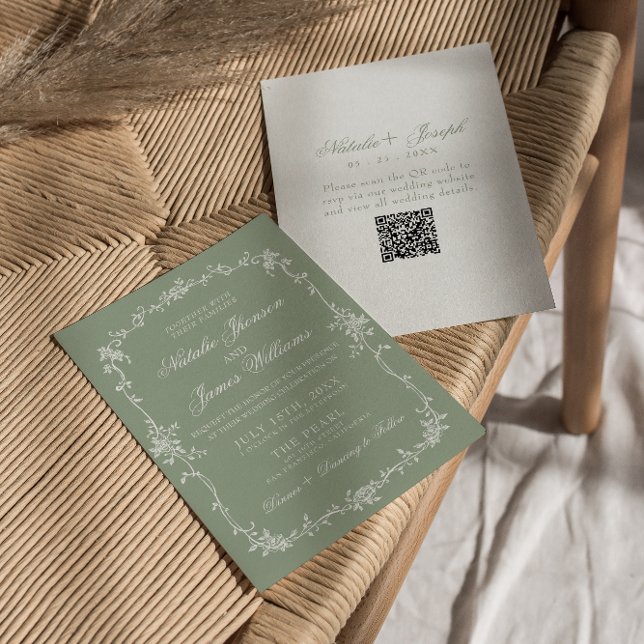 Sage Green Floral Boho Botanical QR Code Wedding Invitation (Creator Uploaded)