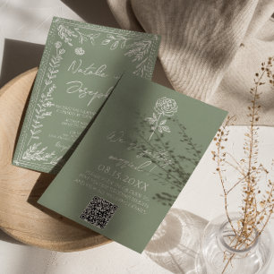 Sage Green Floral Botanical Boho QR Code Wedding Invitation
