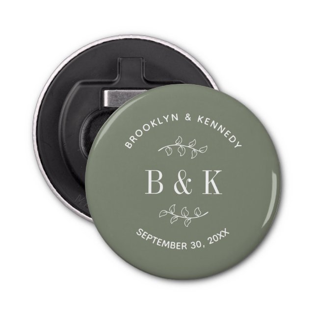 Sage Green Floral Botanical Monogram Couple Name Bottle Opener (Front)