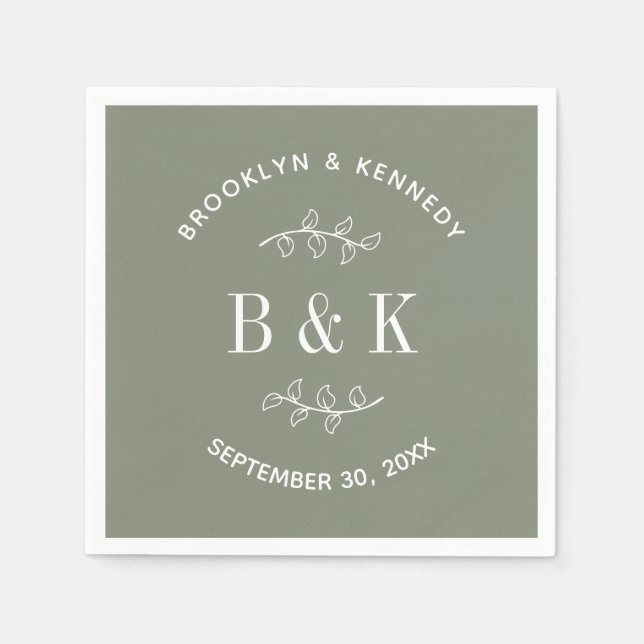 Sage Green Floral Botanical Monogram Couple Name Napkin (Front)