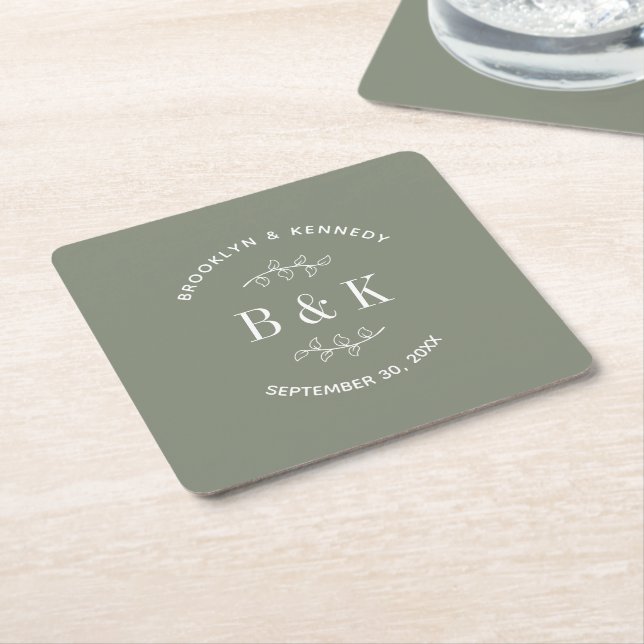 Sage Green Floral Botanical Monogram Couple Name Square Paper Coaster (Angled)