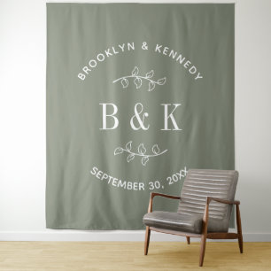 Sage Green Floral Botanical Monogram Couple Name Tapestry