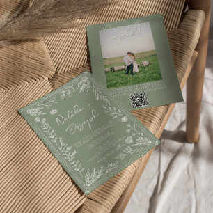 Sage Green Floral Botanical QR Code Photo  Wedding Invitation