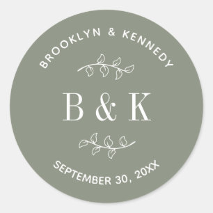 Sage Green Floral Botanical Wedding Couple Name Classic Round Sticker
