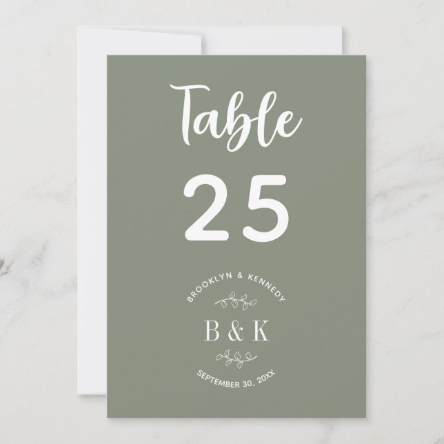 Sage Green Floral Botanical Wedding Table Number (Front)