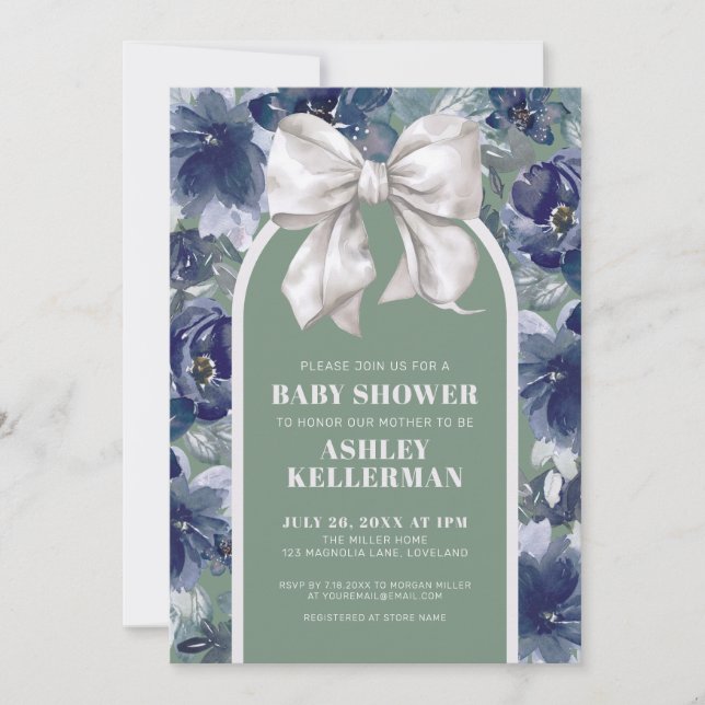 Sage Green Floral Bow Baby Shower Invitation (Front)