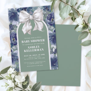 Sage Green Floral Bow Baby Shower Invitation