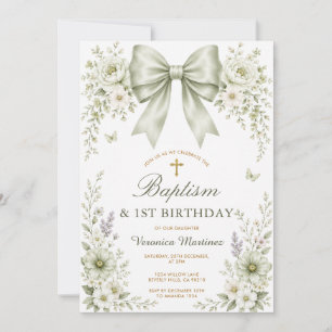 Sage Green Floral Bow Baptism & First Birthday Invitation