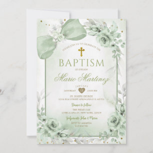 Sage Green Floral Bow Coquette Gold Cross Baptism Invitation