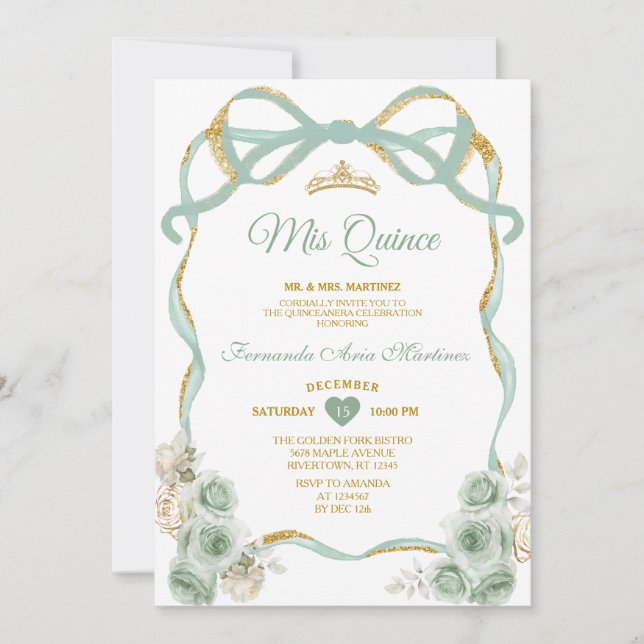 Sage Green Floral Bow Ribbon Gold Crown Mis Quince Invitation (Front)