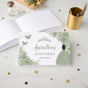 Sage Green Floral Brown Girl Princess Quinceañera Guest Book