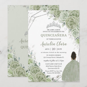 Sage Green Floral Brown Girl Silver 15 Quinceañera Invitation