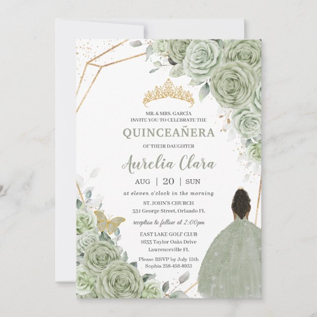 Sage Green Floral Brown Princess Gold Quinceañera Invitation (Front)