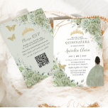 Sage Green Floral Brown Princess Quinceañera QR  Invitation<br><div class="desc">This chic Quinceañera invitation features a gold glitter geometric frame adorned by delicate watercolor sage green floral, soft sage greenery and a brown girl in a lovely sage green dress. Personalise it with your details easily and quickly, simply press the Edit Using Design Tools button to further re-arrange and format...</div>