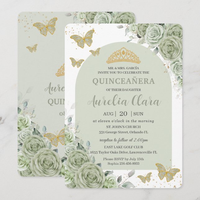 Sage Green Floral Butterflies Arch Quinceanera  Invitation (Front/Back)