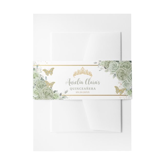 Sage Green Floral Butterflies Gold Quinceanera Invitation Belly Band (Front Example)