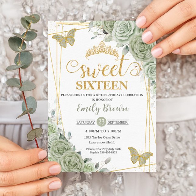 Sage Green Floral Butterflies Gold Sweet Sixteen Invitation (Creator Uploaded)