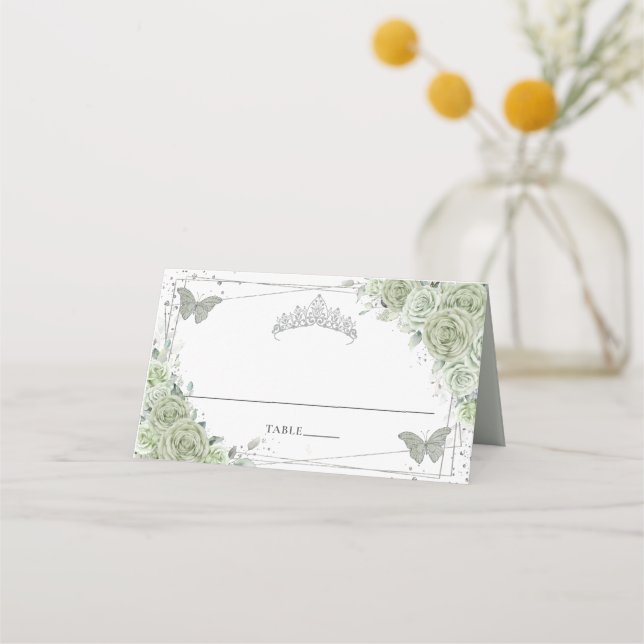Sage Green Floral Butterflies Quinceañera Birthday Place Card (Front)
