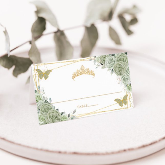 Sage Green Floral Butterflies Quinceañera Birthday Place Card (Creator Uploaded)