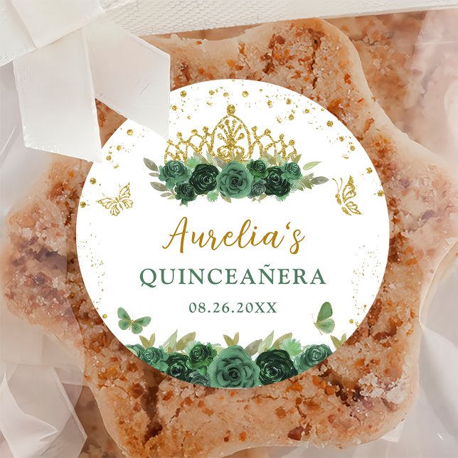 Sage Green Floral Butterflies Quinceañera Classic Round Sticker (Creator Uploaded)