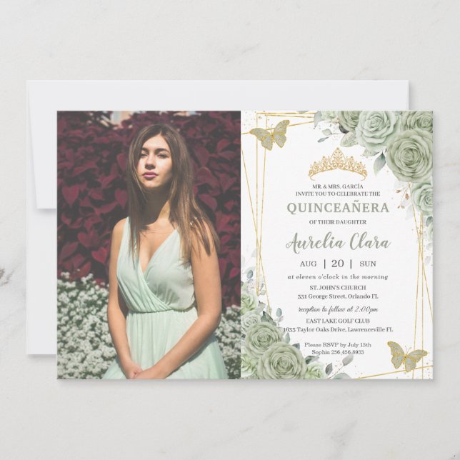 Sage Green Floral Butterflies Quinceañera Photo Invitation (Front)