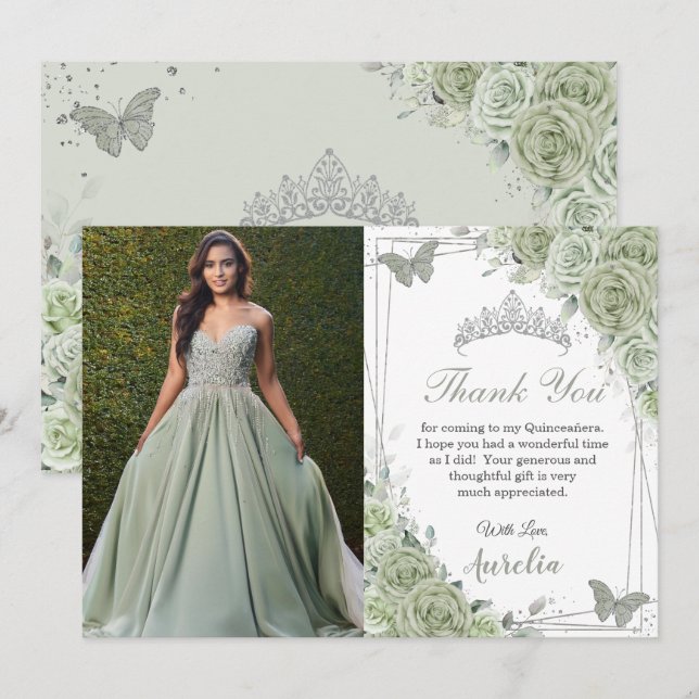 Sage Green Floral Butterflies Quinceañera Photo Thank You Card (Front/Back)