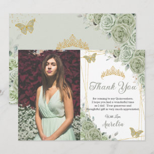Sage Green Floral Butterflies Quinceañera Photo Thank You Card