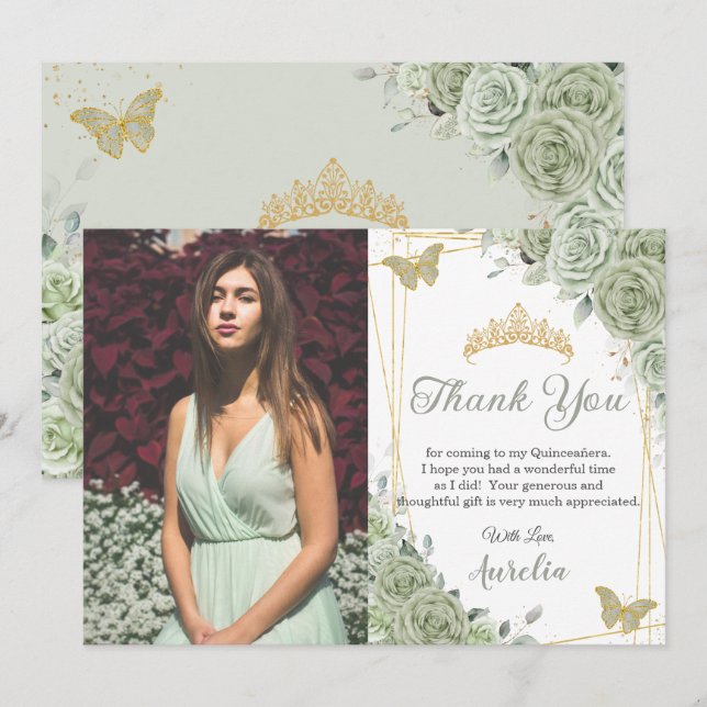 Sage Green Floral Butterflies Quinceañera Photo Thank You Card (Front/Back)