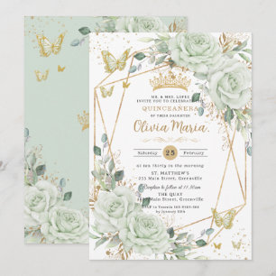 Sage Green Floral Butterflies Quinceañera Quince Invitation