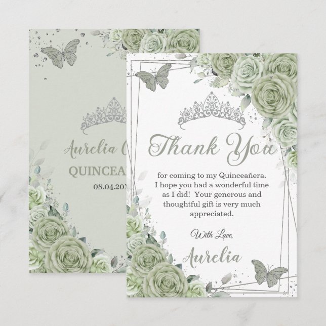 Sage Green Floral Butterflies Quinceañera Sweet 16 Thank You Card (Front/Back)