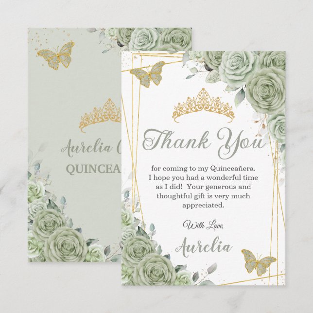 Sage Green Floral Butterflies Quinceañera Sweet 16 Thank You Card (Front/Back)