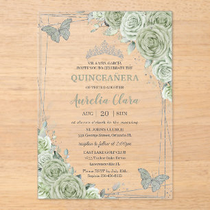 Sage Green Floral Butterflies Silver Quinceañera Acrylic Invitations