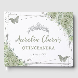 Sage Green Floral Butterflies Silver Quinceañera Guest Book
