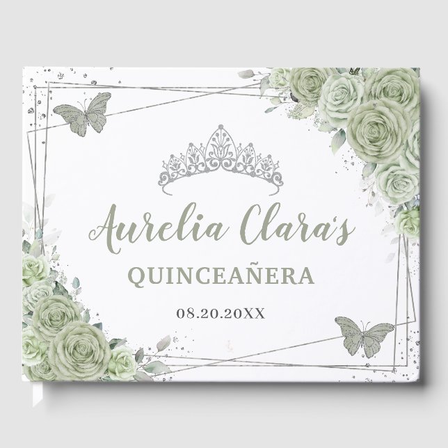 Sage Green Floral Butterflies Silver Quinceañera Guest Book (Front)