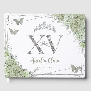 Sage Green Floral Butterflies Silver Quinceañera Guest Book