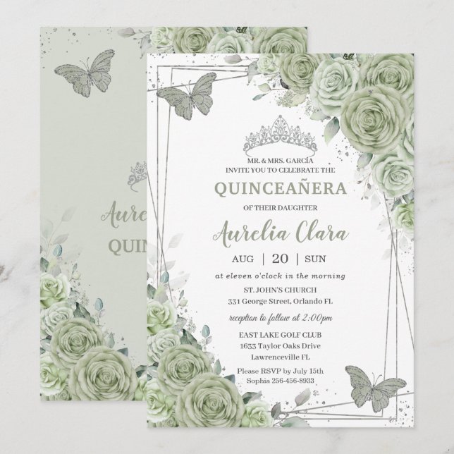 Sage Green Floral Butterflies Silver Quinceañera Invitation (Front/Back)