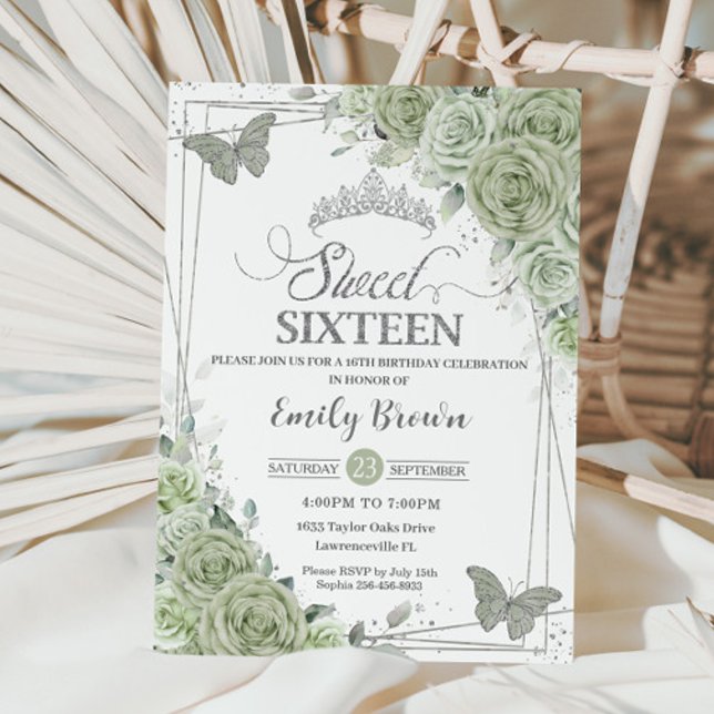 Sage Green Floral Butterflies Silver Sweet Sixteen Invitation (Creator Uploaded)