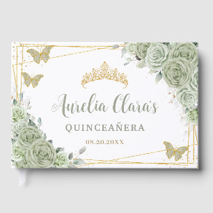 Sage Green Floral Butterfliies Gold Quinceañera Guest Book
