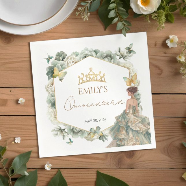 Sage Green Floral Butterfly Tiara Quinceañera Napkin (Creator Uploaded)