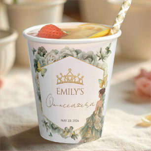 Sage Green Floral Butterfly Tiara Quinceañera Paper Cups
