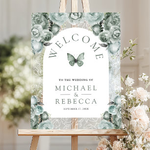 Sage Green Floral Butterfly Wedding Welcome Acrylic Sign