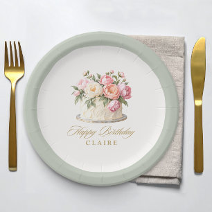 Sage Green Floral Cake Stylish Birthday Party Paper Plate