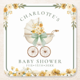 Sage Green Floral Carriage Baby Shower Coaster