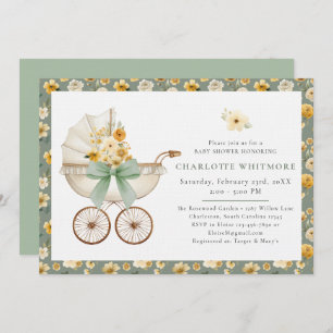 Sage Green Floral Carriage Baby Shower Invitation